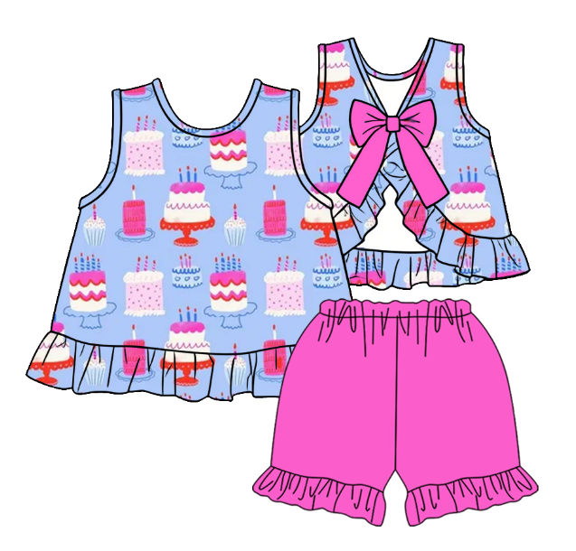 ( Moq 5 ) Baby Girls Toddler Sleeveless Cakes Birthday Tops Pink Shorts Summer Set