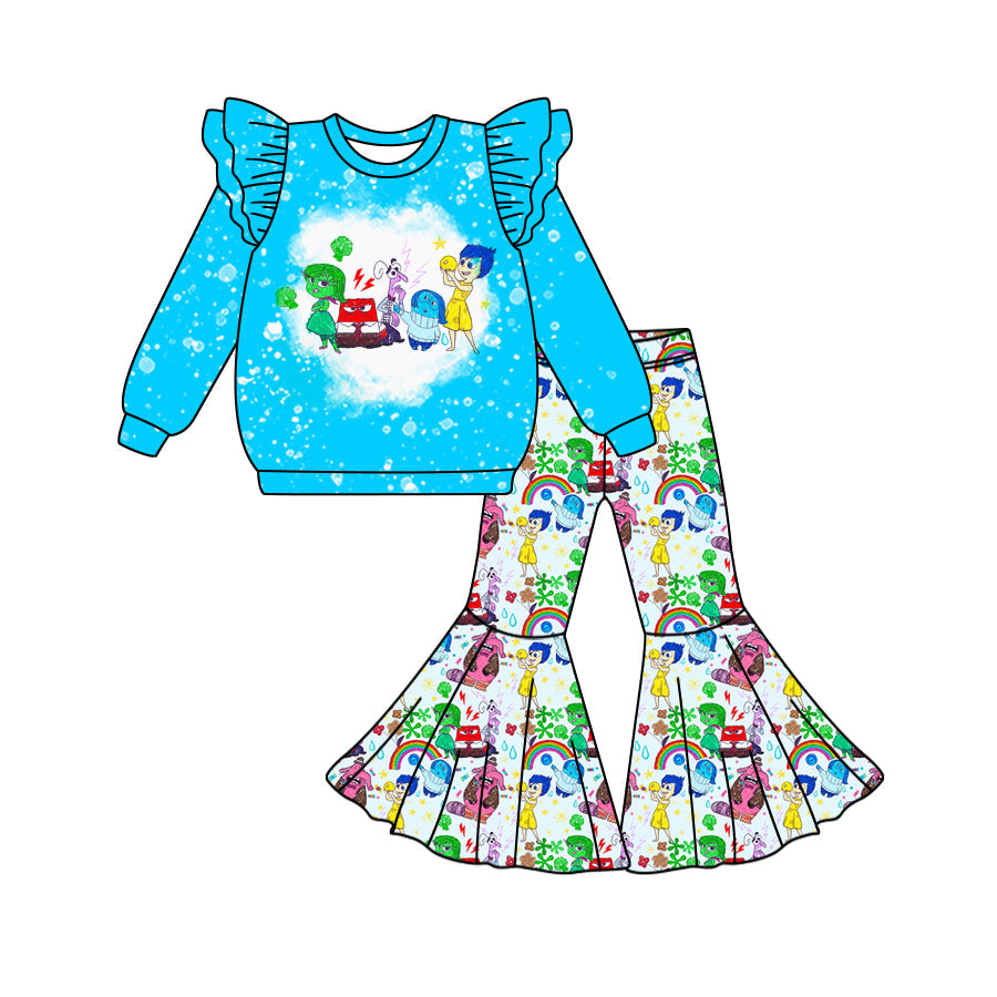 Baby Girl Long Sleeves Rainbow Tops Bell Pants Cartoon Blue Set