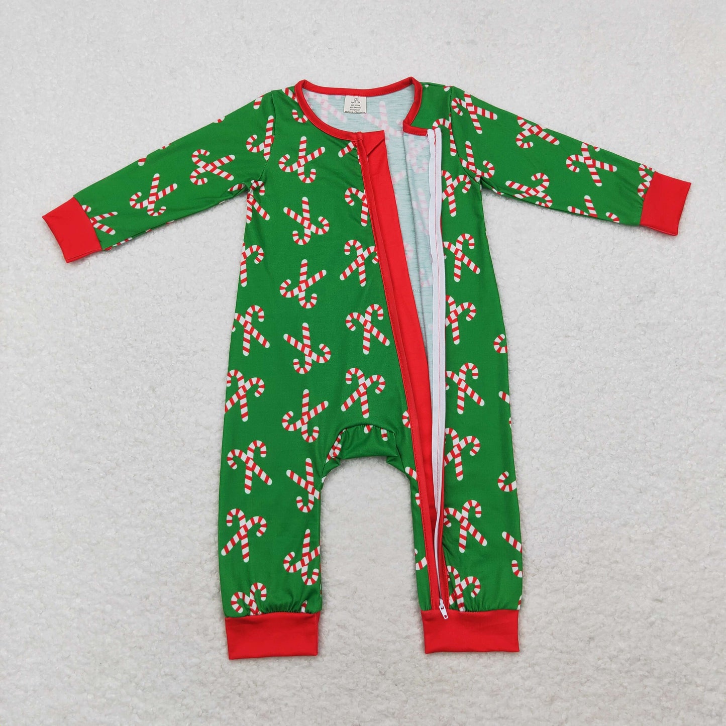 Baby Boy Long Sleeves Christmas Candy Cane Zipper Green Bamboo Romper