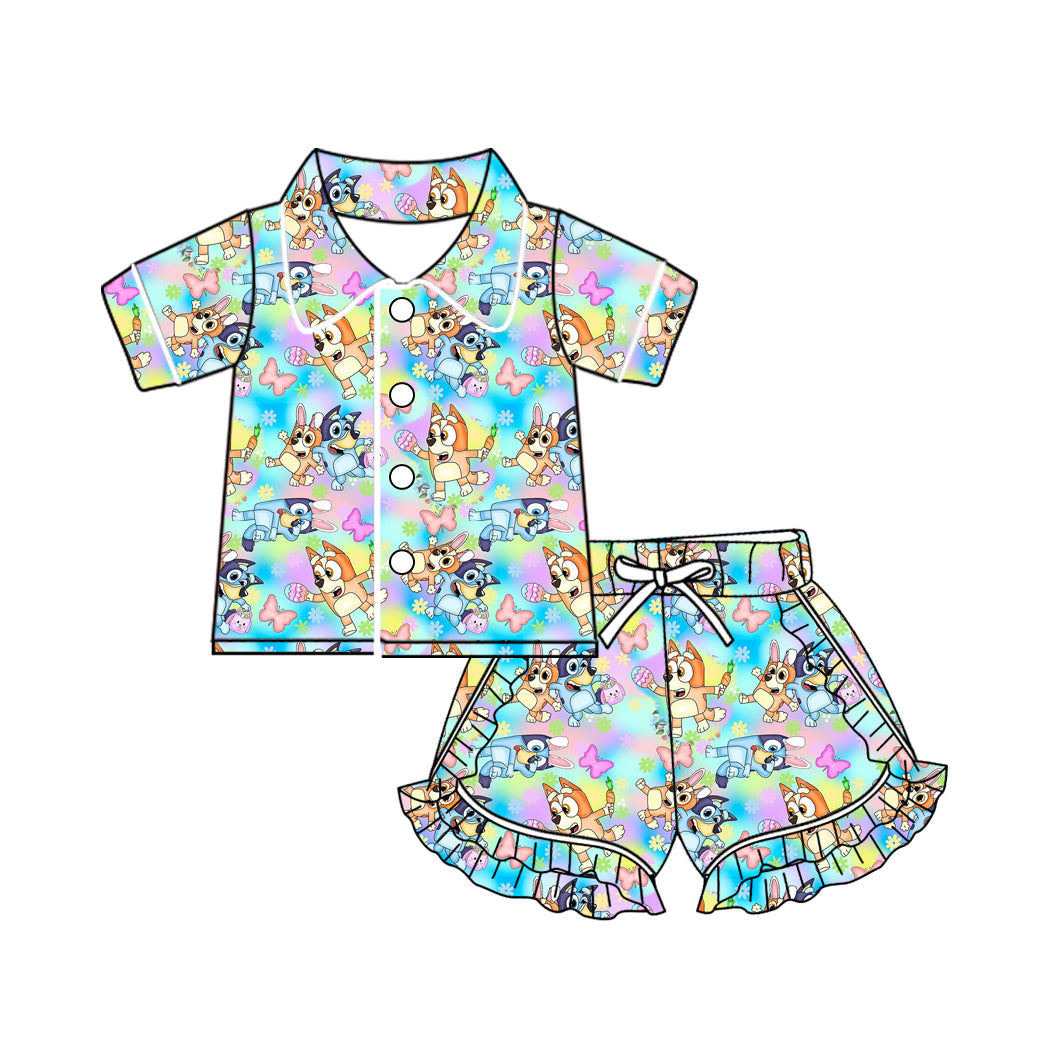 Baby Girl Short Sleeves Dog Buttons Shirt Ruffle Shorts Pajamas Set Moq 5