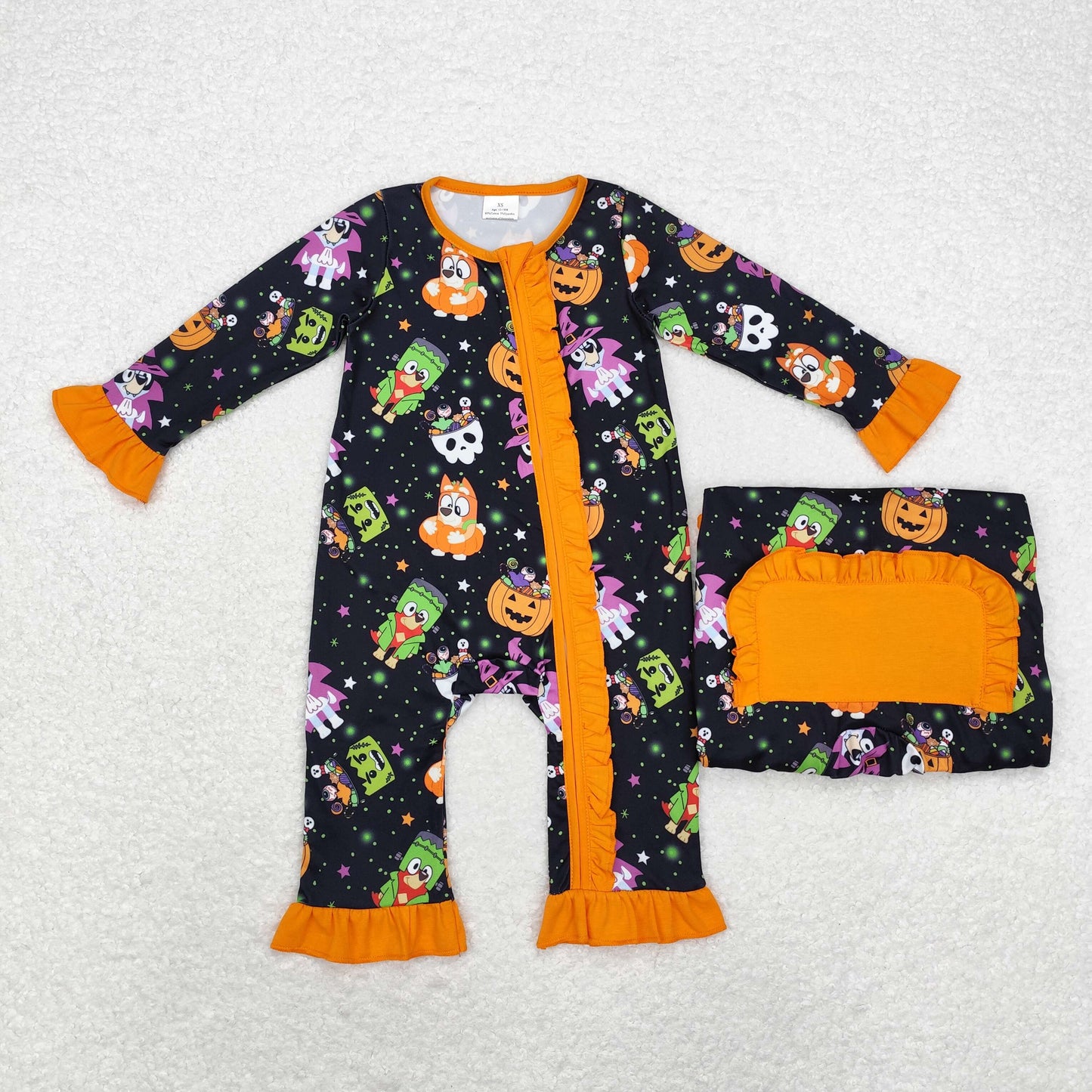 Baby Girl Long Sleeves Halloween Dogs Pumpkin Zipper Romper