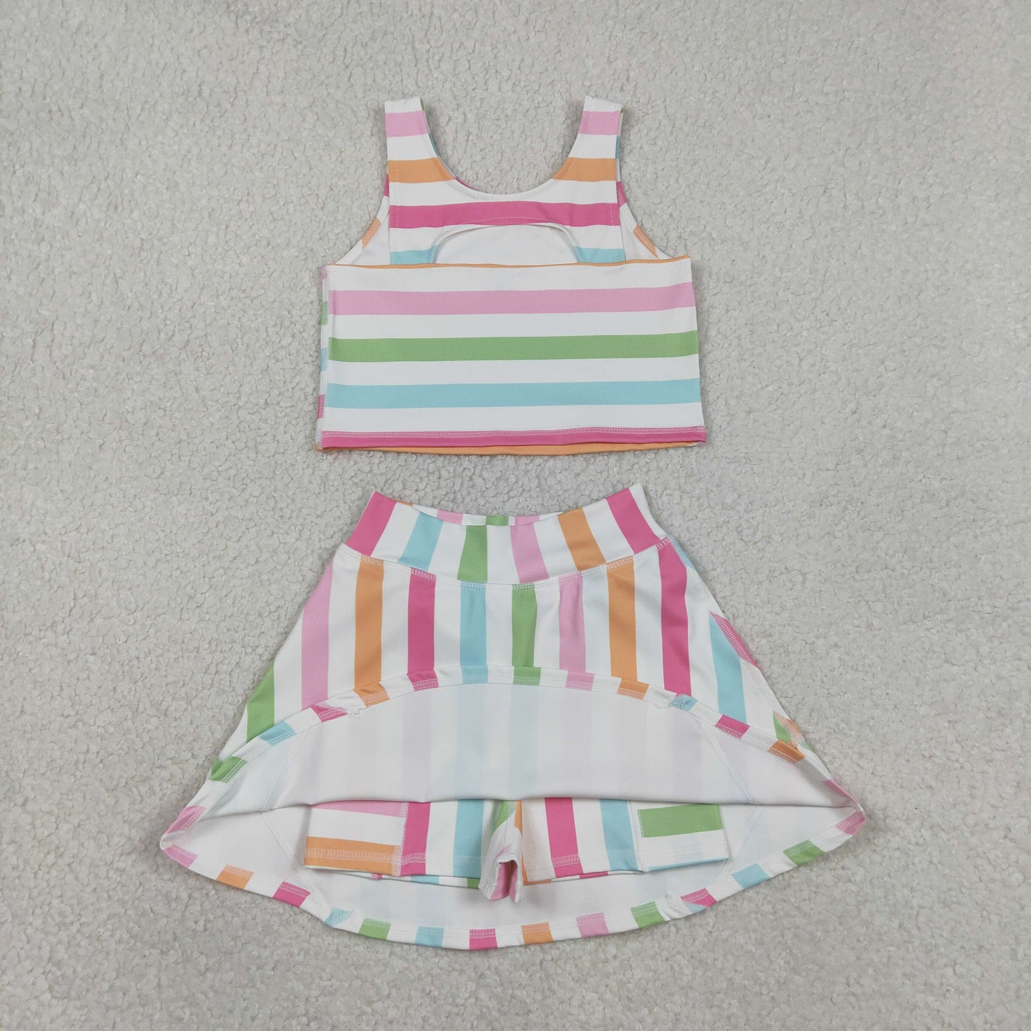 Baby Girls Kids Sleeveless Colorful Stripes Shirt Shorts Skirt Skort Yoga Active Clothes Set RTS