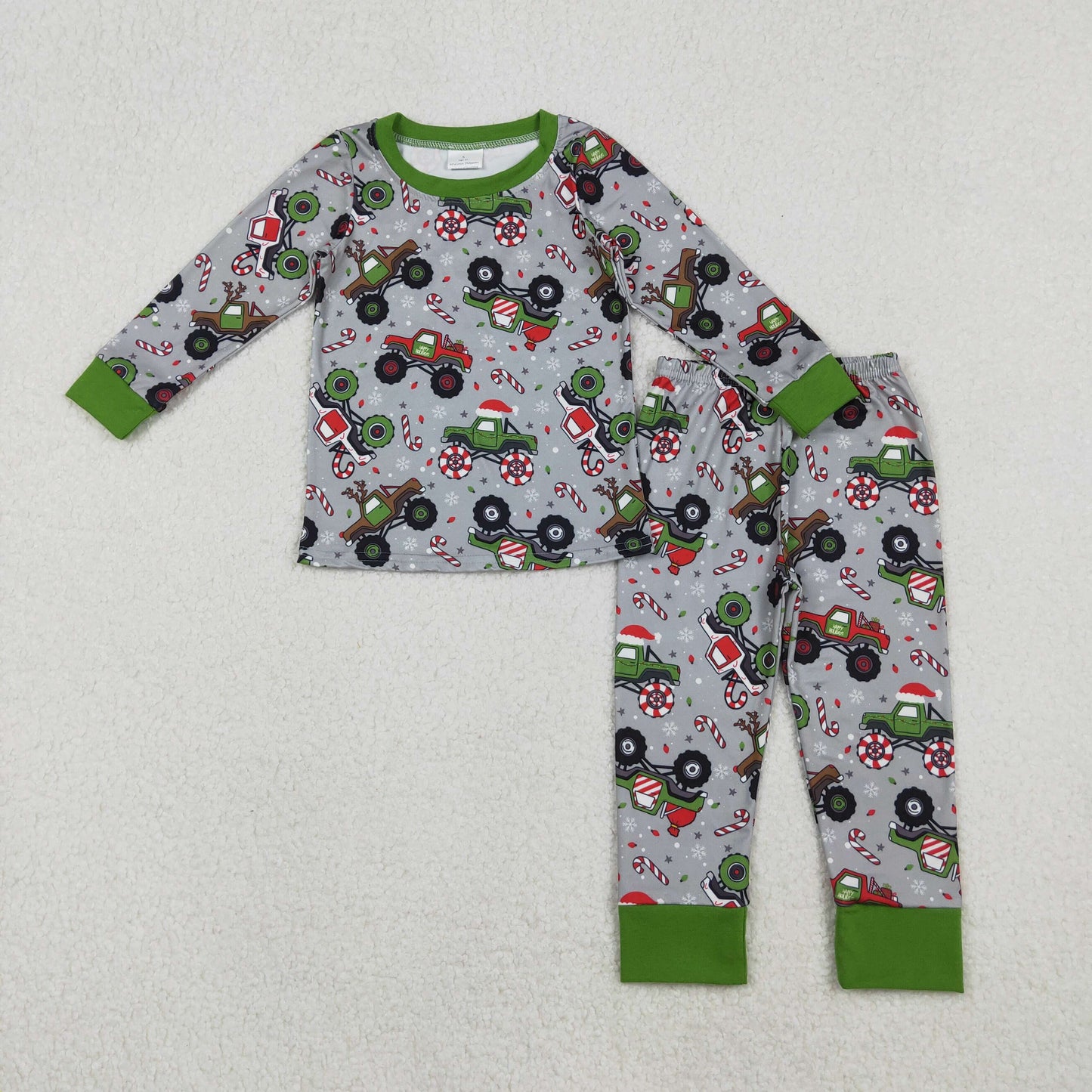 Sibling Baby Boys Kids Long Sleeves Christmas Trucks Zipper Romper Pajamas Set RTS