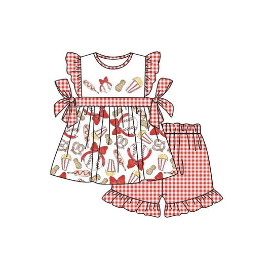 Moq 3 Pre-order GSSO0516 Baby Girl Baseball Ruffle Tunic Plaid Shorts Set