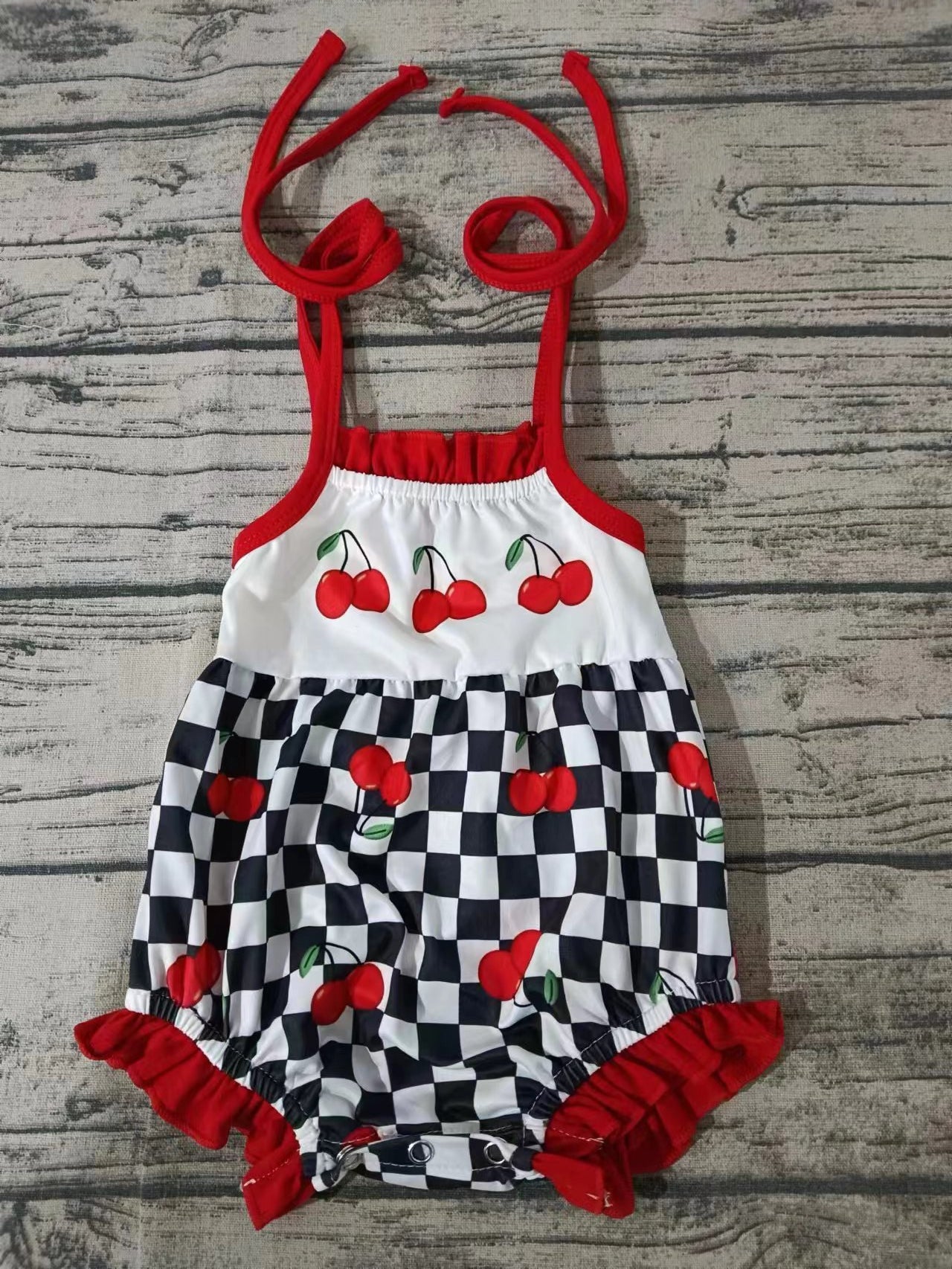 Moq 5 Baby Girl Sleeveless Cherry Checkered One Piece Romper