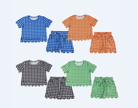 Sibling Baby Girls Kids Short Sleeves Plaid Shirts Scallop Shorts Sets Summer Clothes RTS