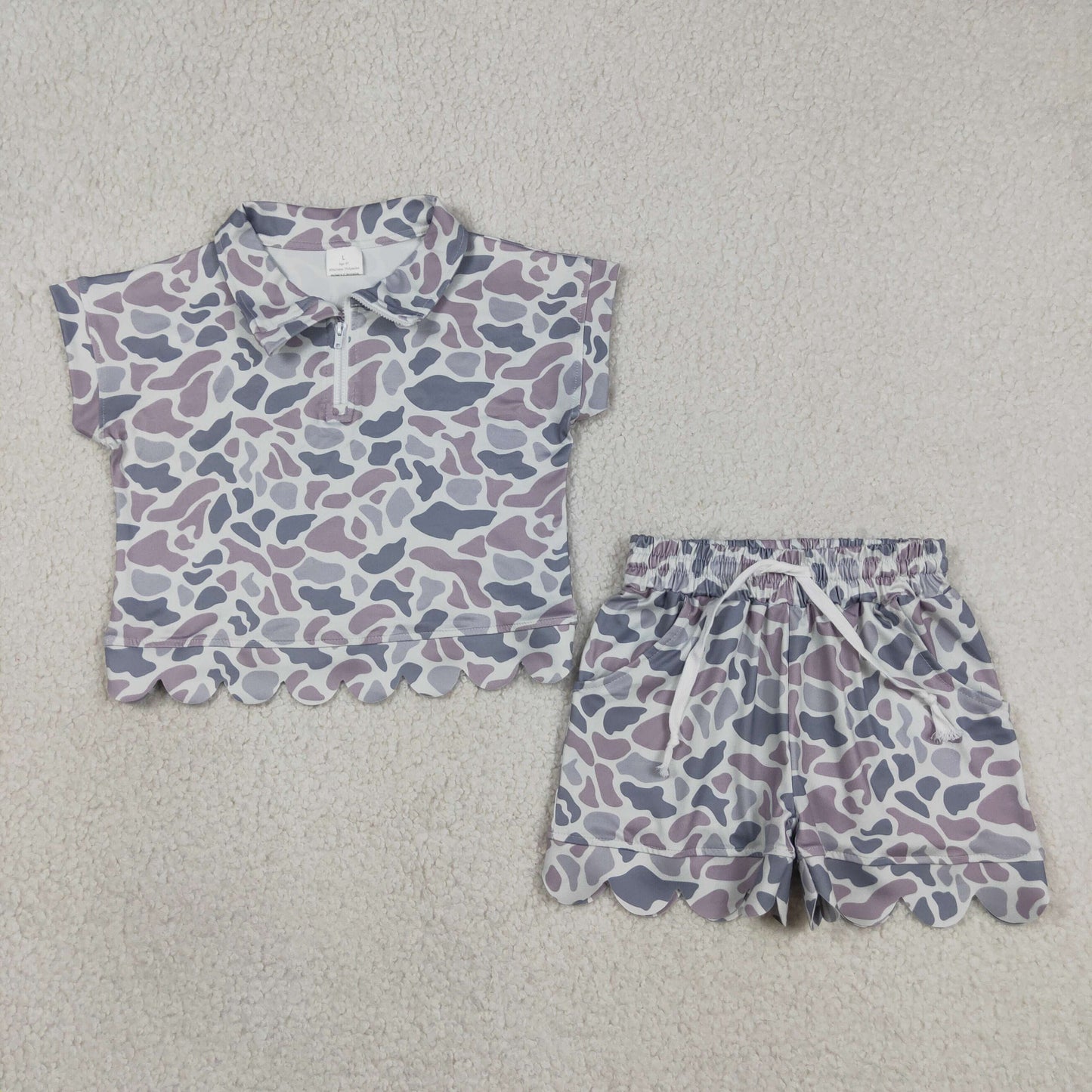 Baby Girls Kids Short Sleeves Grey Camo Zipper Shirt Scallop Shorts Set Clothes RTS