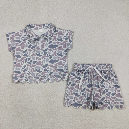 Sibling Baby Girls Kids Short Sleeves Camo Zipper Shirts Scallop Shorts Sets Clothes RTS