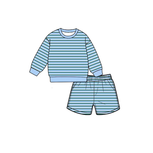 ( Moq 5 ) Preorder Baby Girls Kids Long Sleeves Shirt Shorts Blue Green Stripes Set Yoga Active Clothes