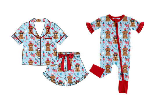 ( Moq 5 Each Style ) Baby Girls Kids Toddler Cow Bows Sibling 4th of July Romper Pajamas Set
