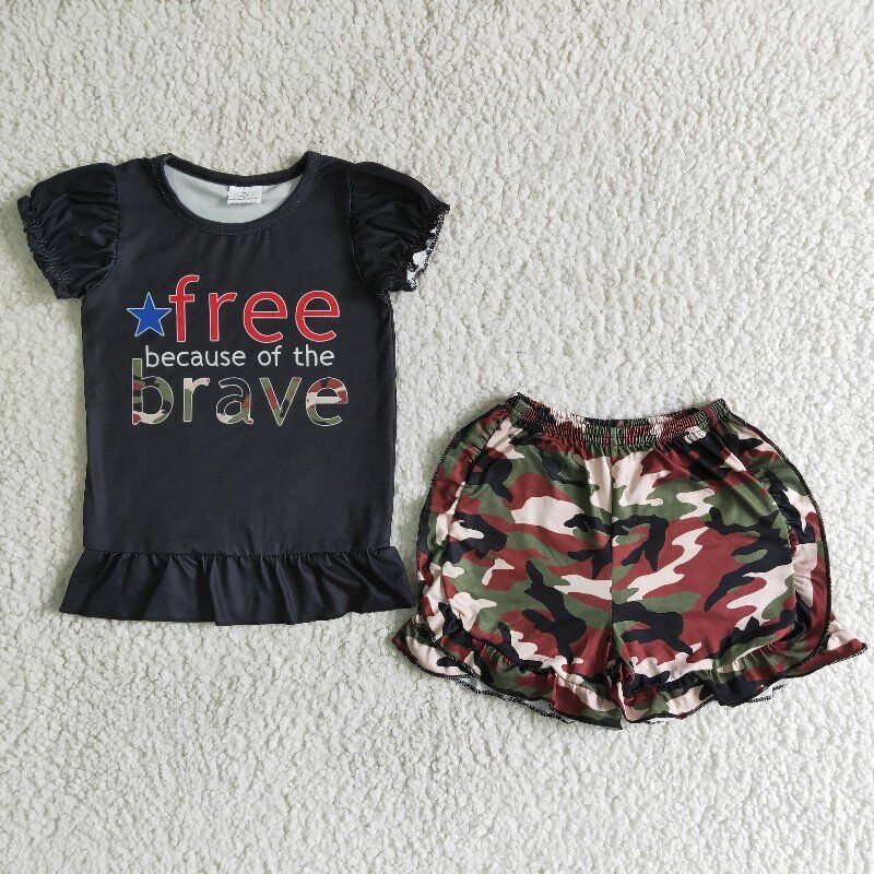 Promotion Baby Girl Summer Short Sleeves Shirt Ruffle Camo Shorts Outfit