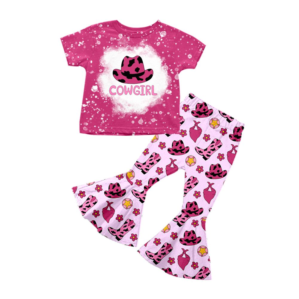 Moq 3 Pre-order GSPO1454 Baby Girl Short Sleeves Cowgirl Shirt Hats Boots Bell Pants Western Set