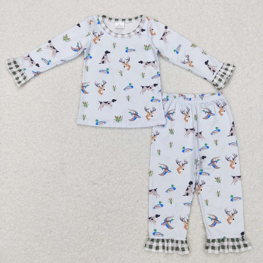 GLP0974 Baby Girl Long Sleeves Ducks Dogs Shirt Pants Hunting Pajamas Outfit