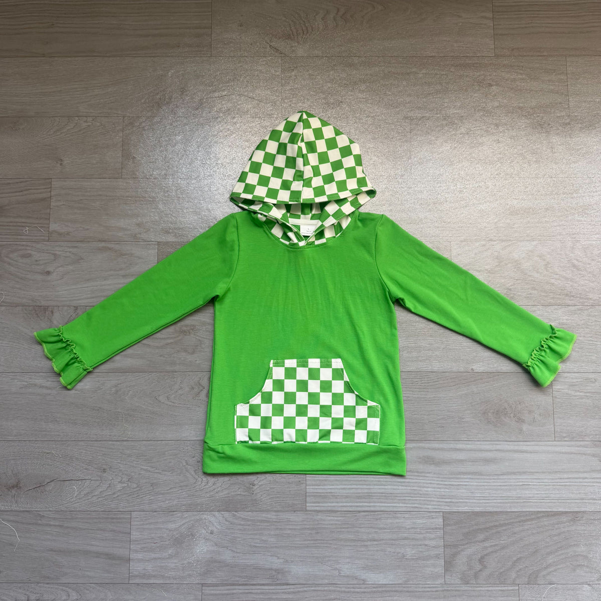 ( No moq ) Preorder Baby Girls Kids Green Hoodie Checked Pocket Pullover Tops Clothes