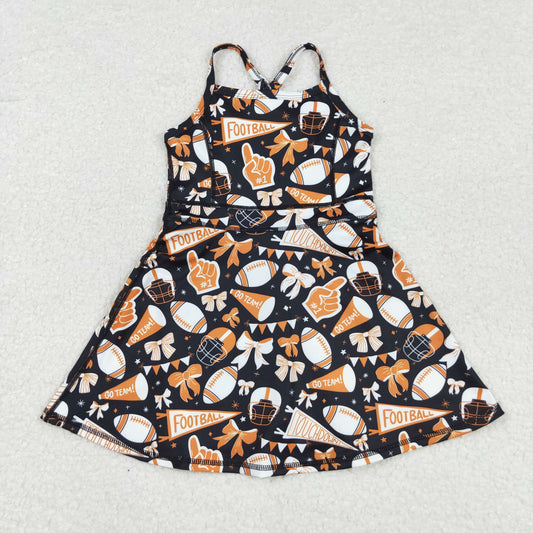 Baby Girl Sleeveless Orange Football Bows Cheer Summer Yoga Active Dress RTS