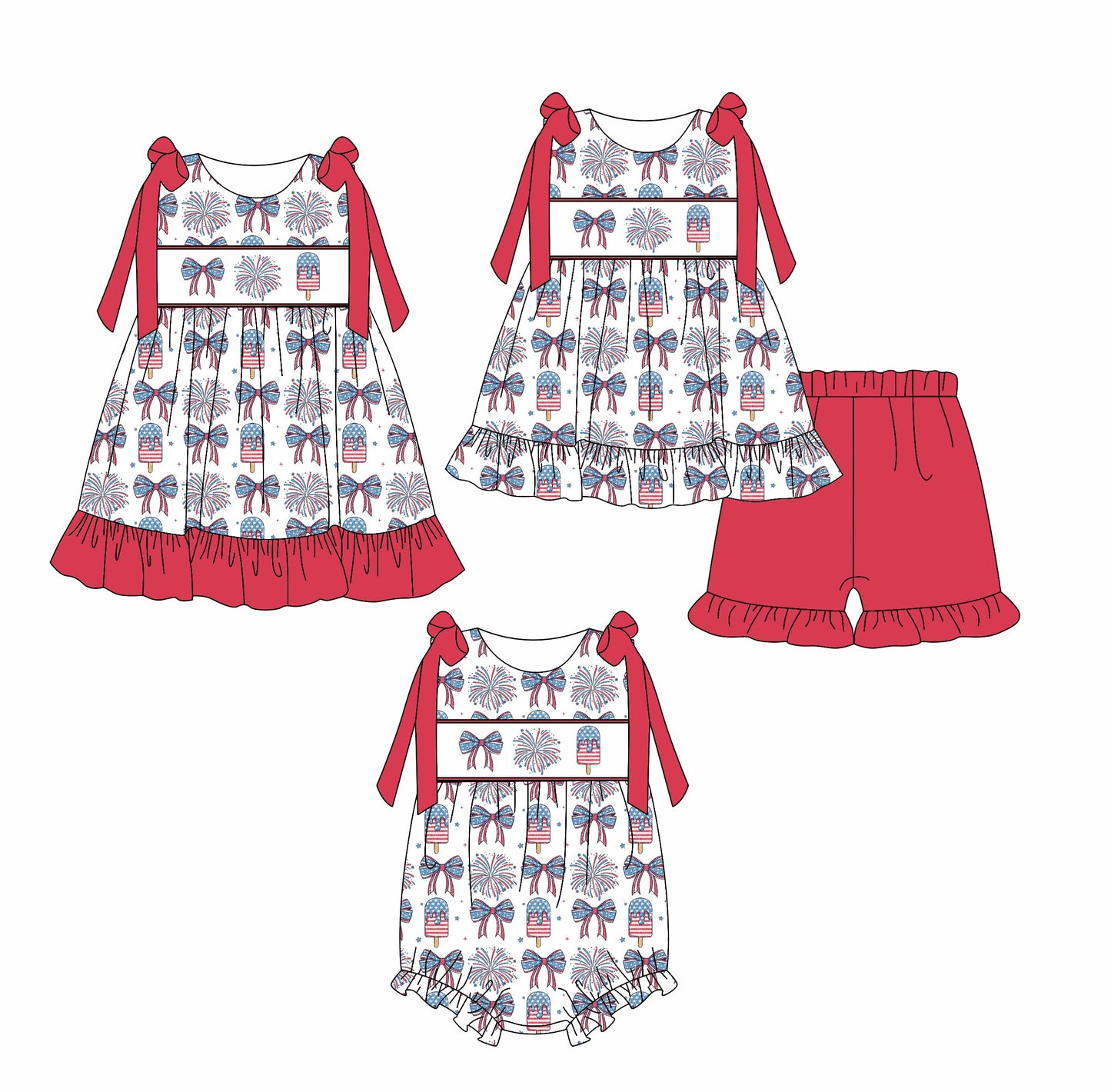 Baby Girl July 4th Bows Sibling Romper Dress Set ( Moq 5 Each Style ) 2.21