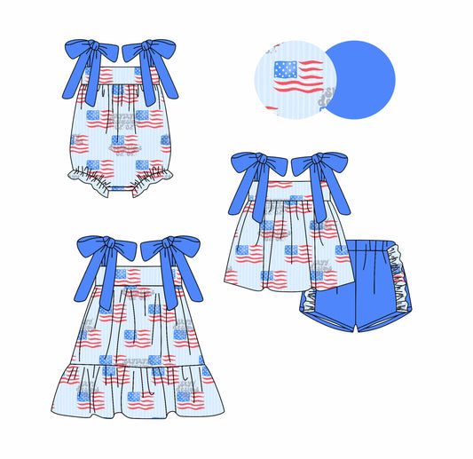 Baby Girl Straps Blue Bows July 4th Flags Sibling Romper Dress Set ( Moq 5 Each Style ) 3.3