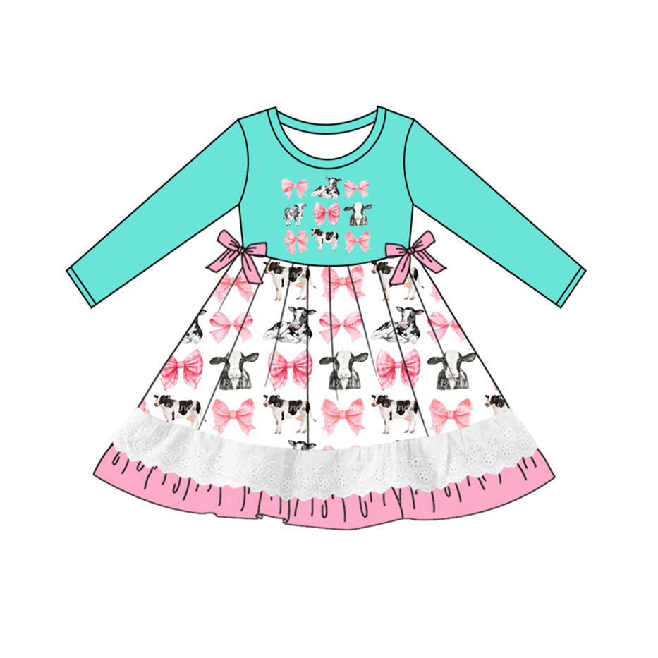 Baby Girl Long Sleeves Cow Bows Ruffle Western Dress