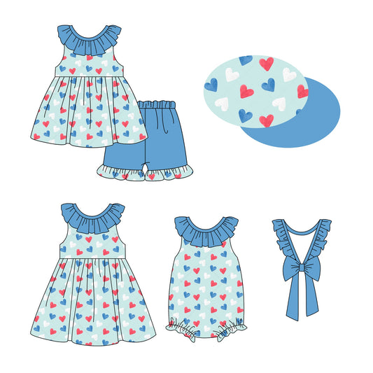 Baby Girl Hearts Blue Bows Sibling Romper Dress Set ( Moq 5 Each Style ) 2.20