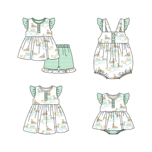 Baby Girl Short Sleeves Ducks Sibling Romper Dress Clothes Set ( Moq 5 Each Design )