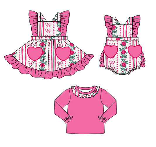 Baby Girl Valentine Day Bows Hearts Flower Sibling Matching Romper Dress Pink Clothes ( Moq 5 Each Design )