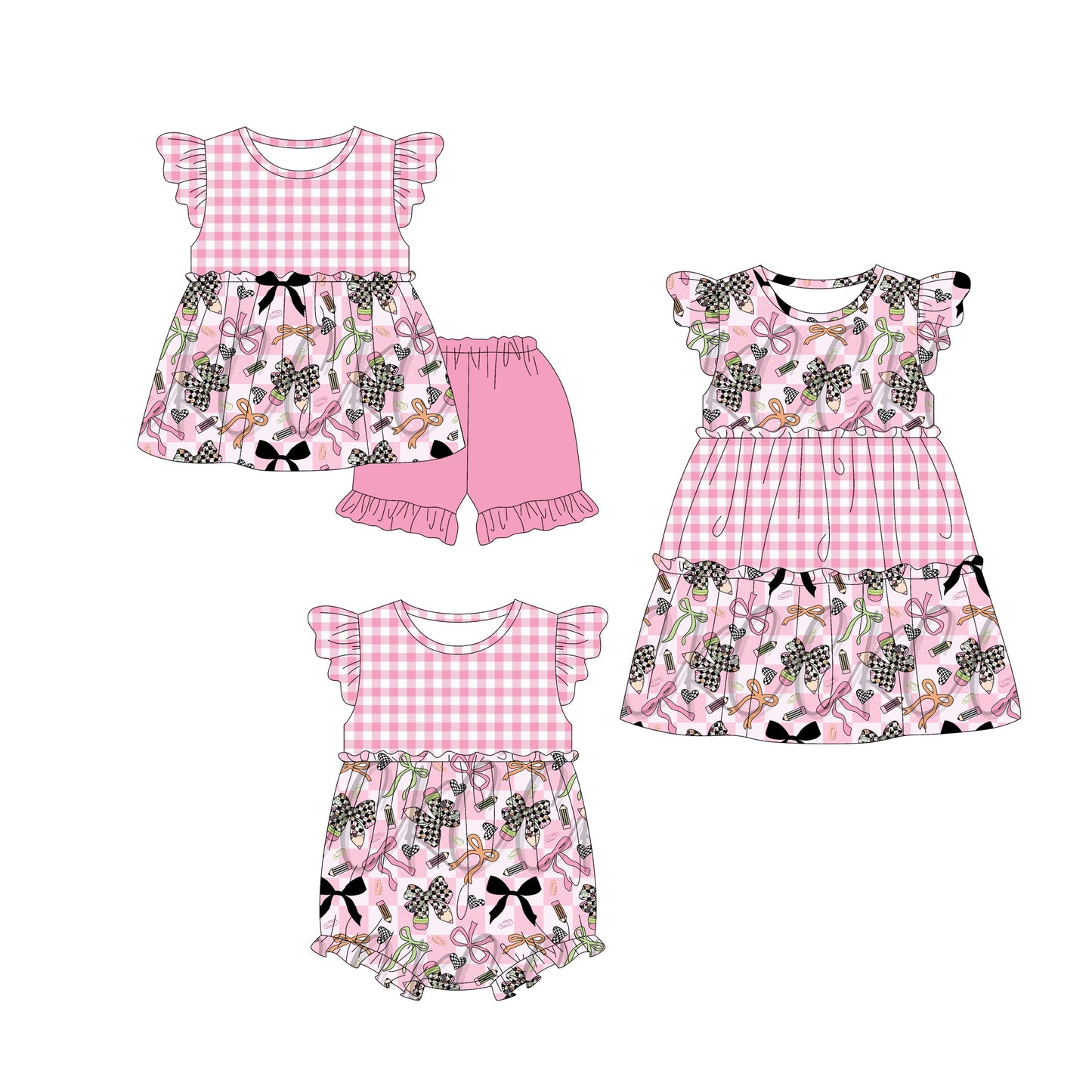 ( Moq 5 Each Style ) Baby Girl Short Sleeves Bows Pencils Back To School Sibling Pink Dress Romper Set 4.19