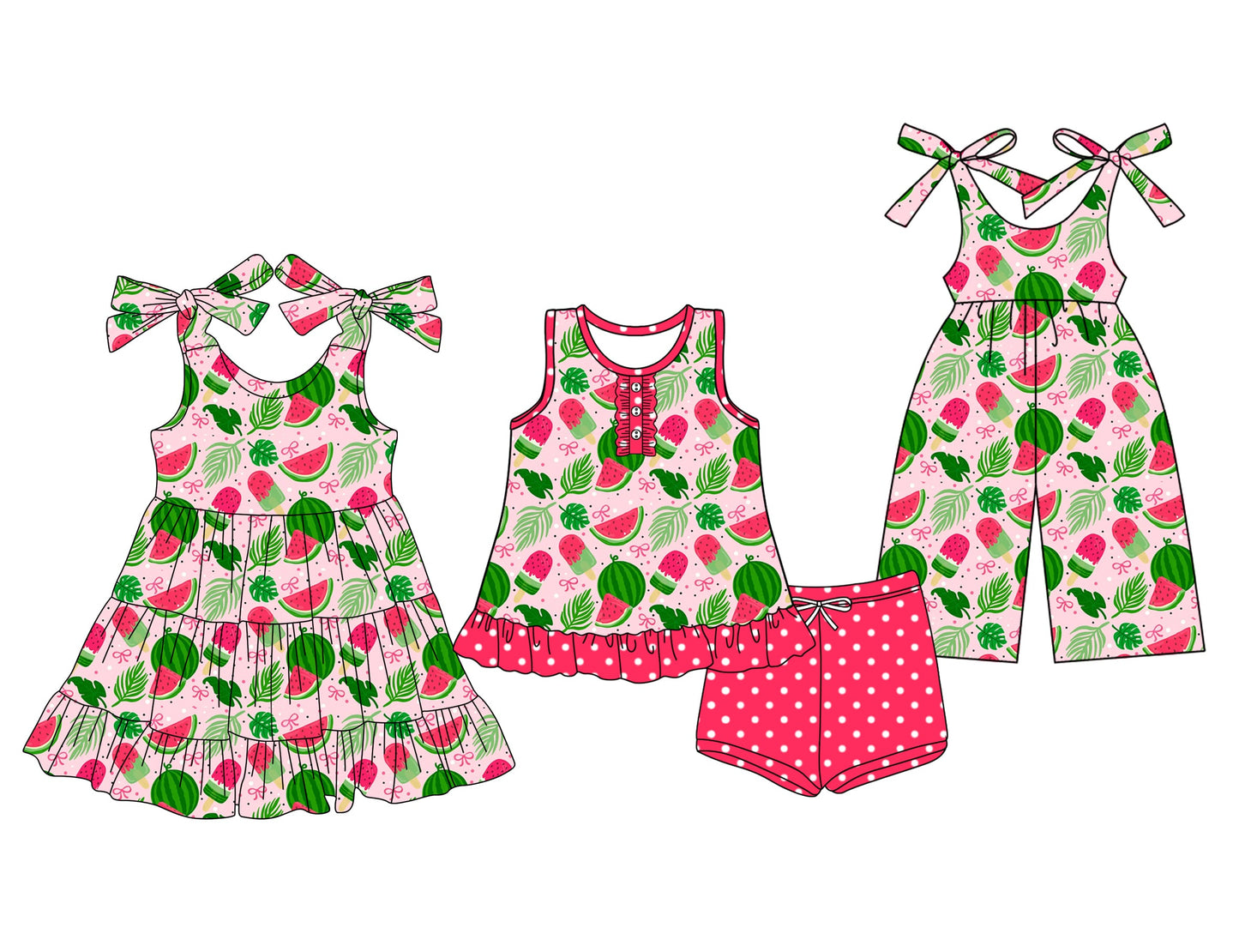 ( Moq 5 Each Style ) Baby Girl Sleeveless Bows Watermelon Sibling Jumpsuit Dress Set 3.22