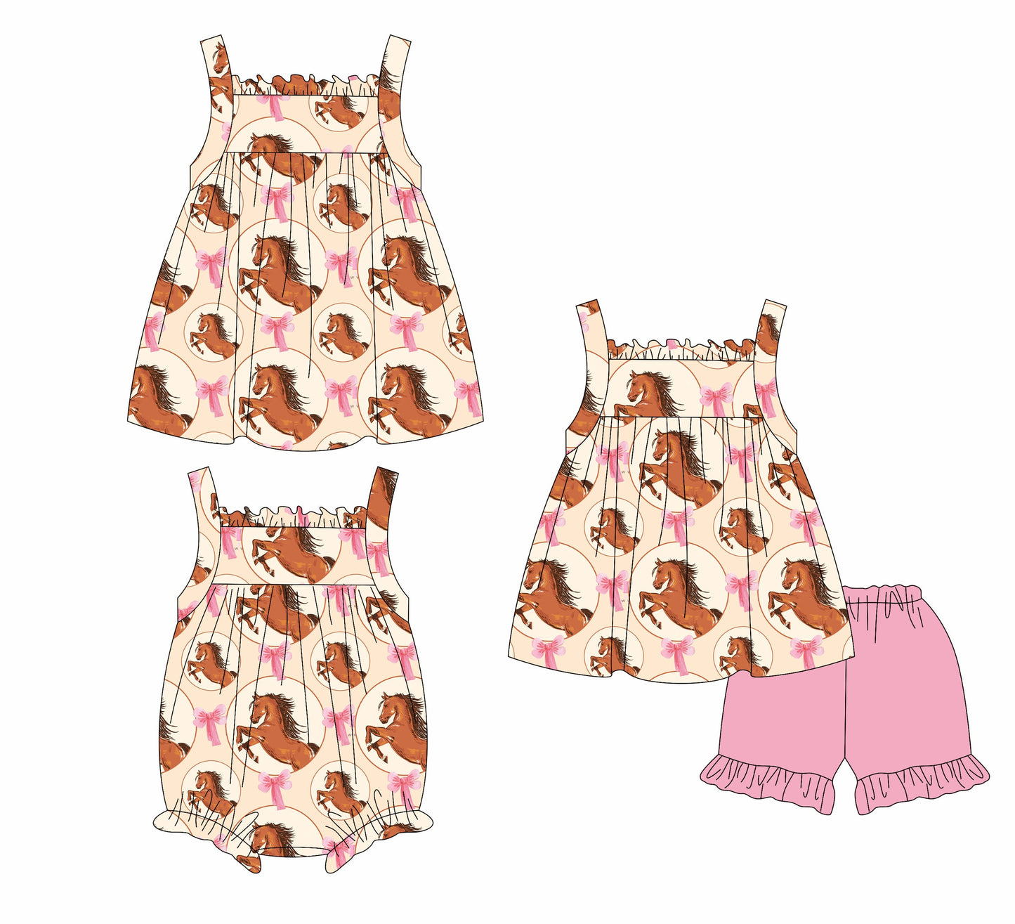 Baby Girl Horse Bows Sibling Romper Dress Set ( Moq 5 Each Style ) 1.18