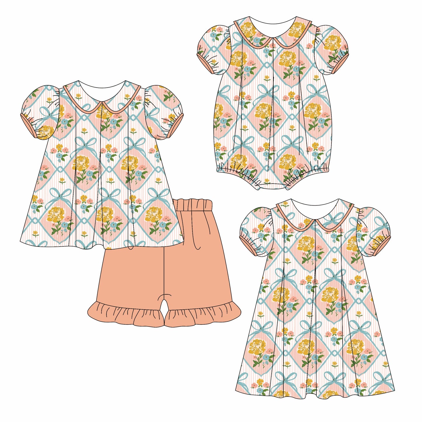 Baby Girl Short Sleeves Flower Bows Sibling Romper Dress Set ( Moq 5 Each Style ) 3.6