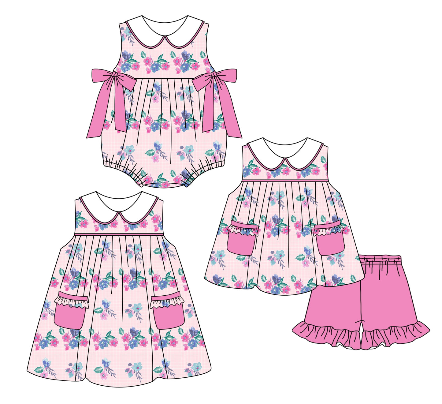 Baby Girl Flower Bows Pockets Sibling Romper Dress Set ( Moq 5 Each Style ) 2.25