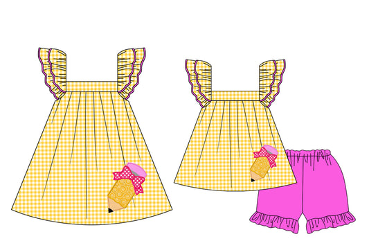 Baby Girl Back To School Pencil Bows Yellow Checked Sibling Dress Set ( Moq 5 Each Style ) 1.24