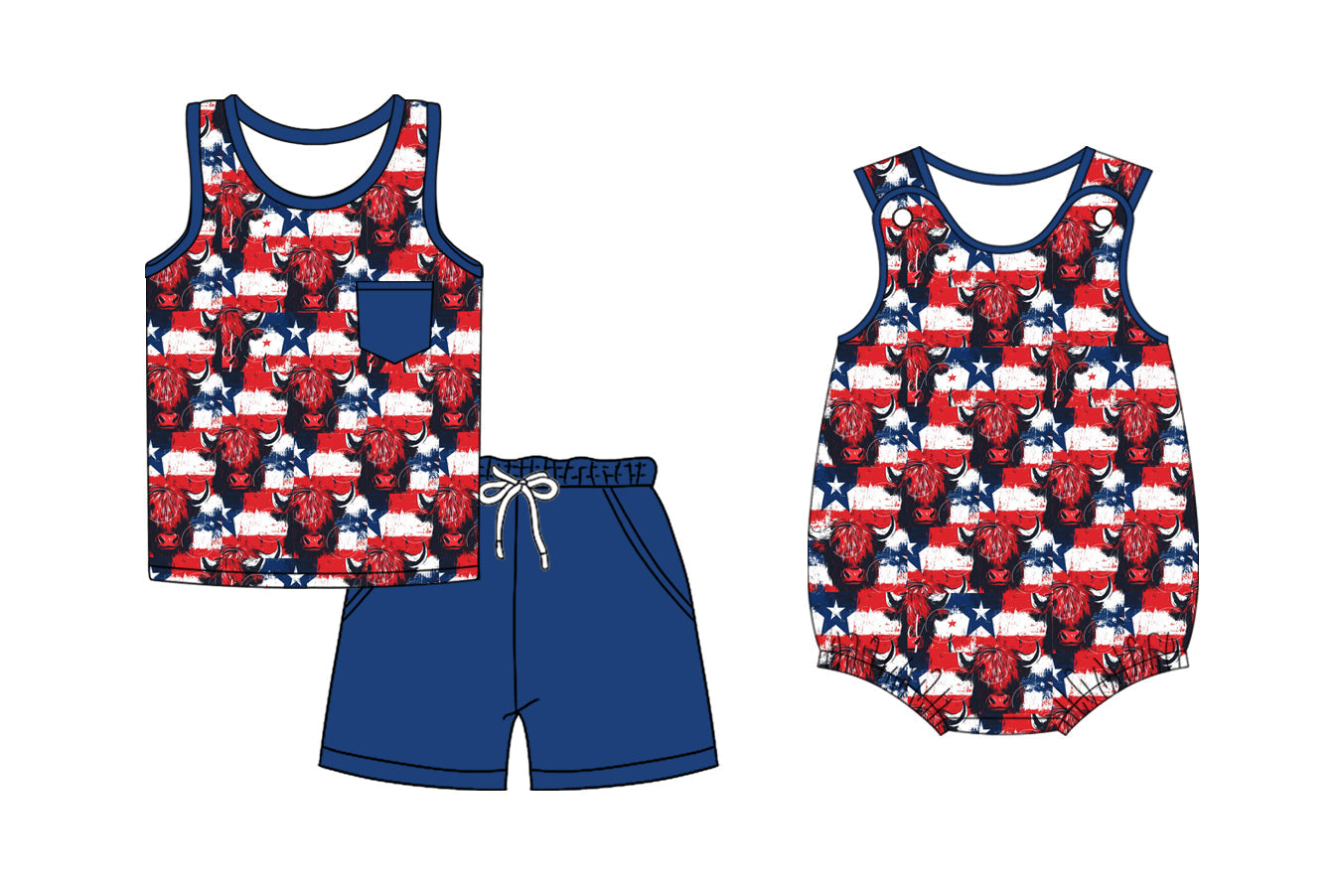 Baby Boy July 4th Cow Stars Sibling Romper Set ( Moq 5 Each Style ) 2.27