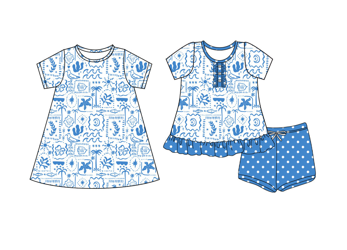 ( Moq 5 Each Style ) Baby Girl Short Sleeves Sibling Summer Blue Dress Set 4.24