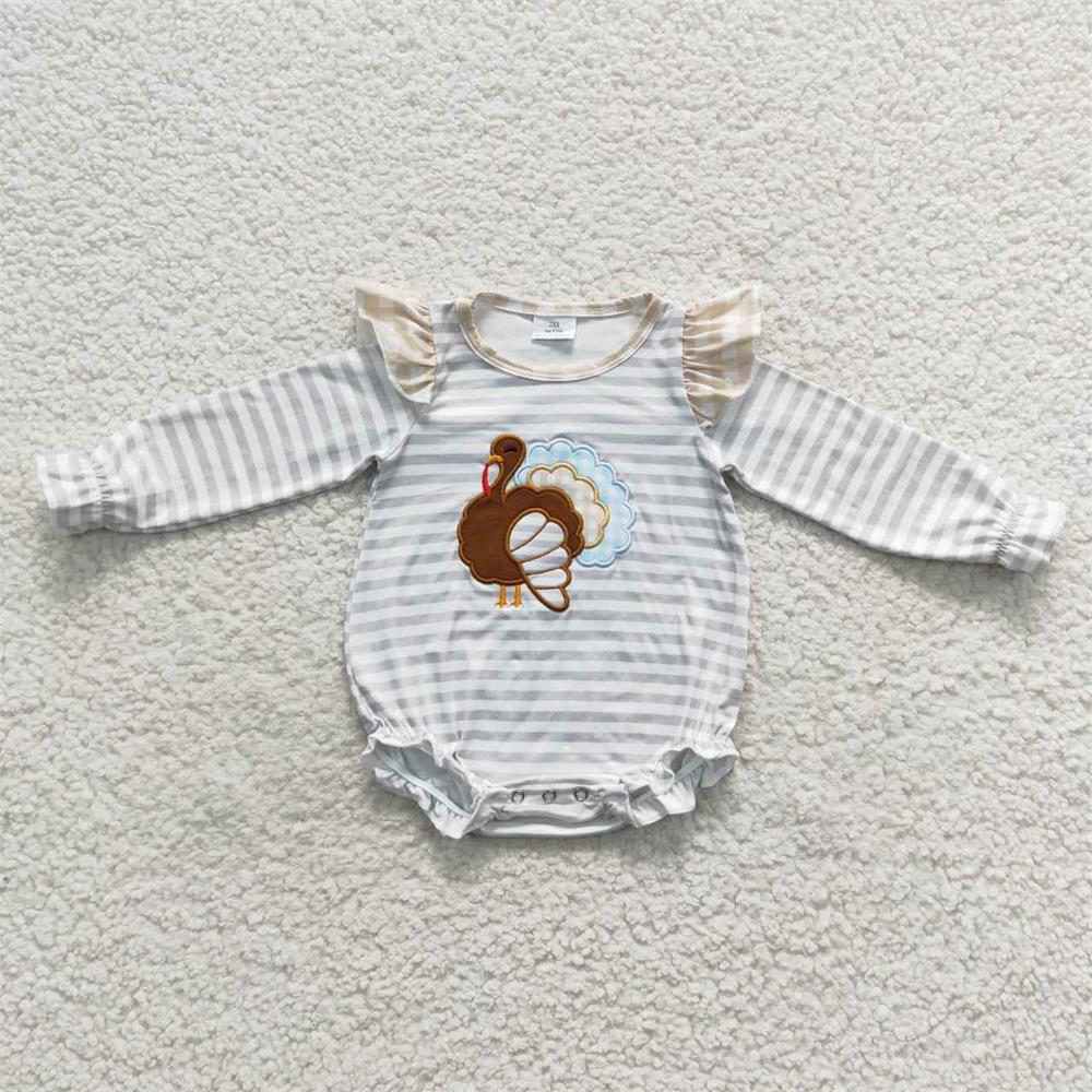 LR0429 Baby Boy Thanksgiving Embroidery turkey Long Sleeves One Piece Romper