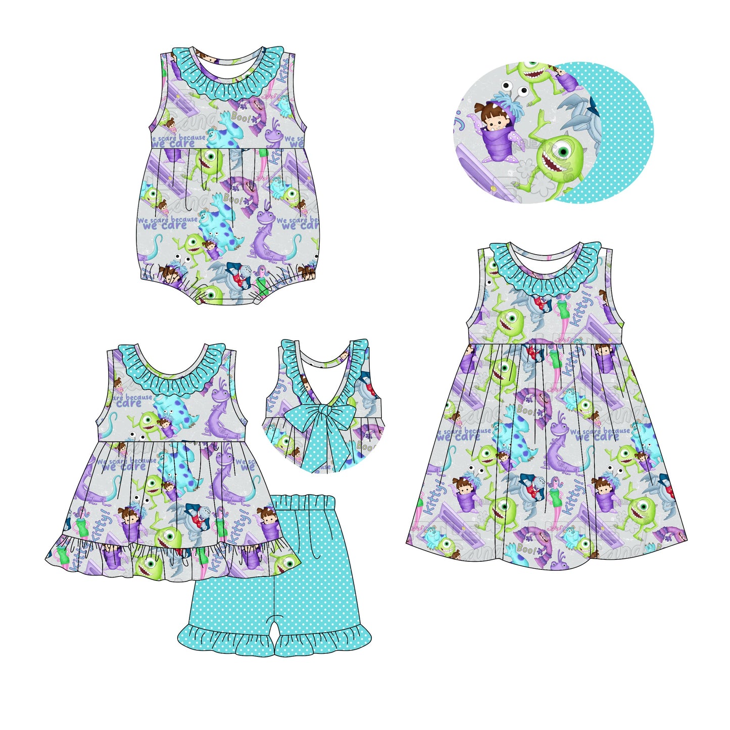Baby Girl Monsters Bow Ruffle Sibling Romper Dress Set ( Moq 5 Each Style ) 2.26