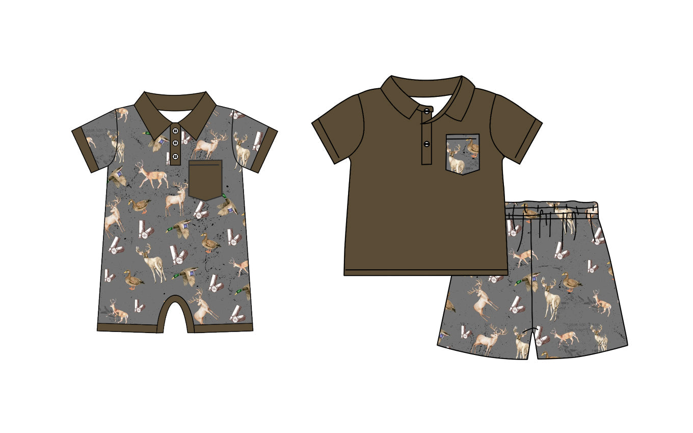 Baby Boy Short Sleeves Ducks Deer Hunting Sibling Romper Set ( Moq 5 Each Design ) 12.16