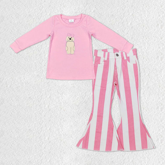 GLP1147 Baby Girl Embroidery Dog Pink Shirt Stripes Denim Pants Set