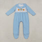 Baby Boy Blue Long Sleeves Embroidery turkey Pumpkins Thanksgiving Footies Romper RTS