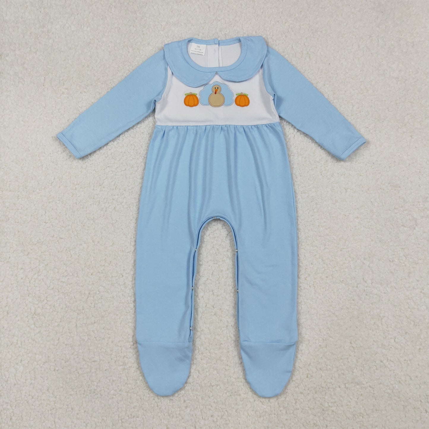 Baby Boy Blue Long Sleeves Embroidery turkey Pumpkins Thanksgiving Footies Romper RTS