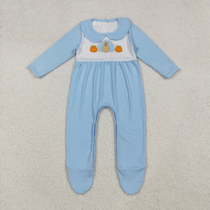 Sibling Boys Girls Infant Long Sleeves Embroidery turkey Pumpkins Thanksgiving Footies Romper RTS