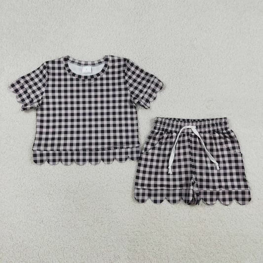 Baby Girls Kids Short Sleeves Black Plaid Shirt Scallop Shorts Clothes Set RTS