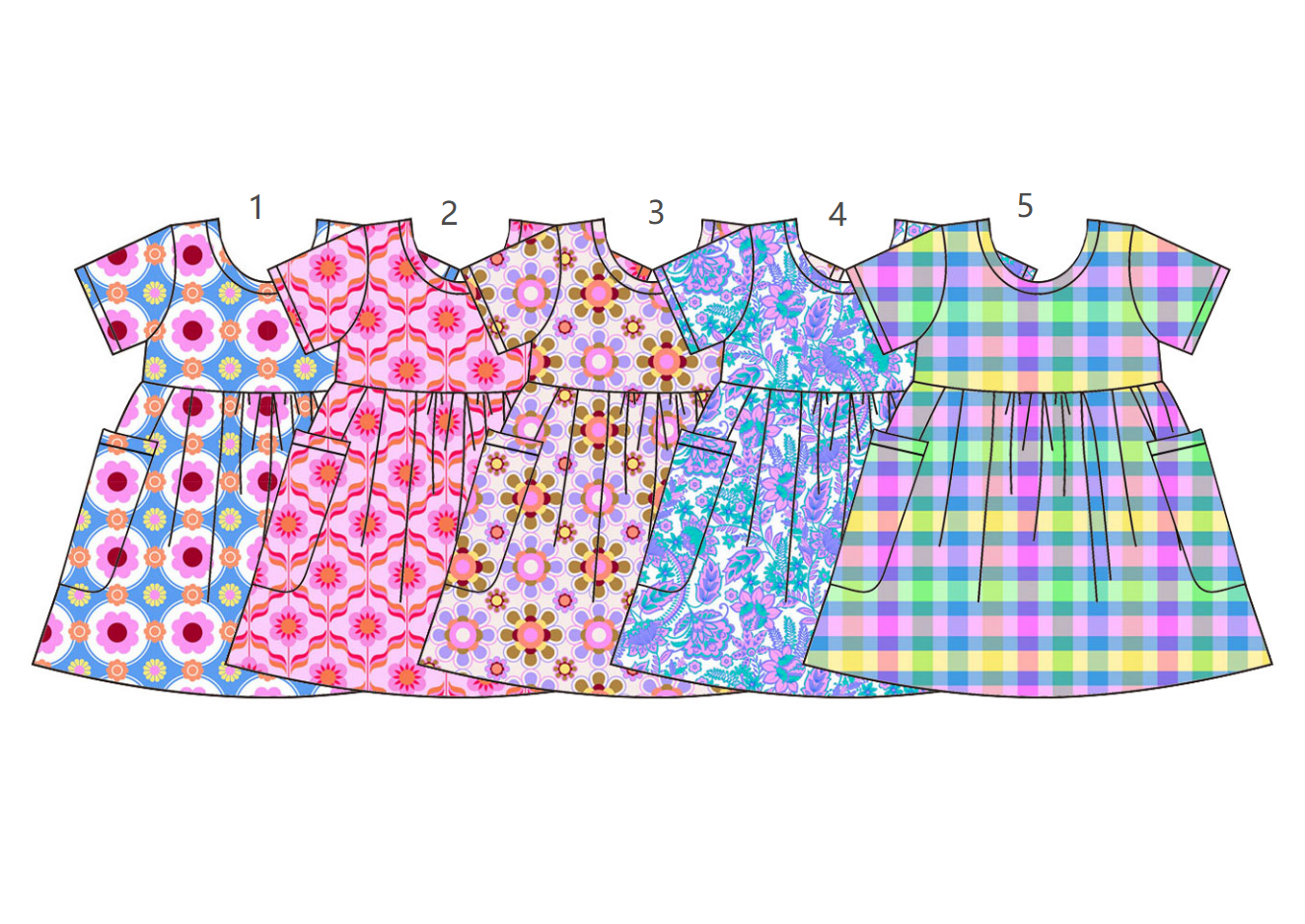 ( Moq 5 Each Style ) Sibling Baby Girls Kids Short Sleeves Flower Plaid Pockets Knee Length Dresses