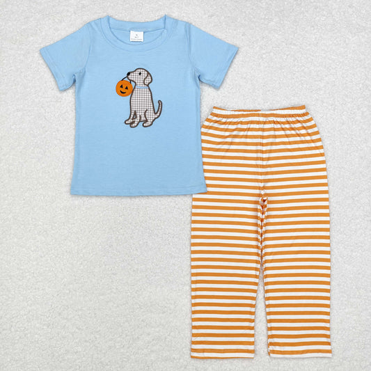 Baby Boy Short Sleeves Embroidery Dog Pumpkin Blue Shirt Stripes Pants Halloween Set