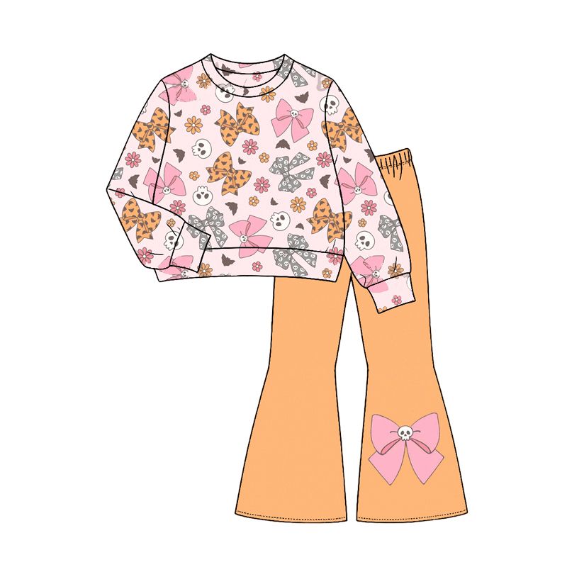 ( Moq 5 ) Preorder Baby Girls Kids Long Sleeves Bows Shirt Bell Pants Halloween Set Clothes