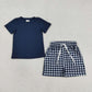 Baby Boys Kids Navy Short Sleeves Shirt Plaid Pockets Shorts Summer Clothes Set RTS