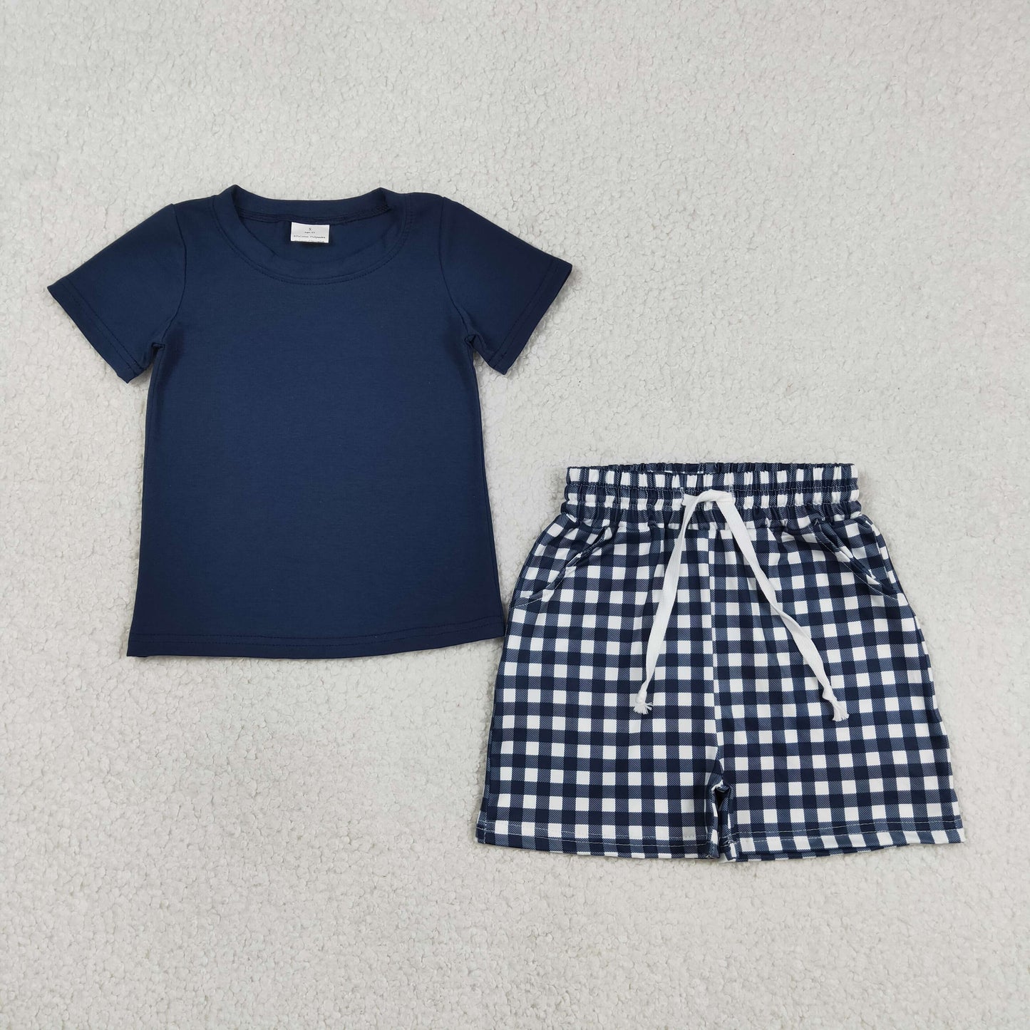 Baby Boys Kids Navy Short Sleeves Shirt Plaid Pockets Shorts Summer Clothes Set RTS