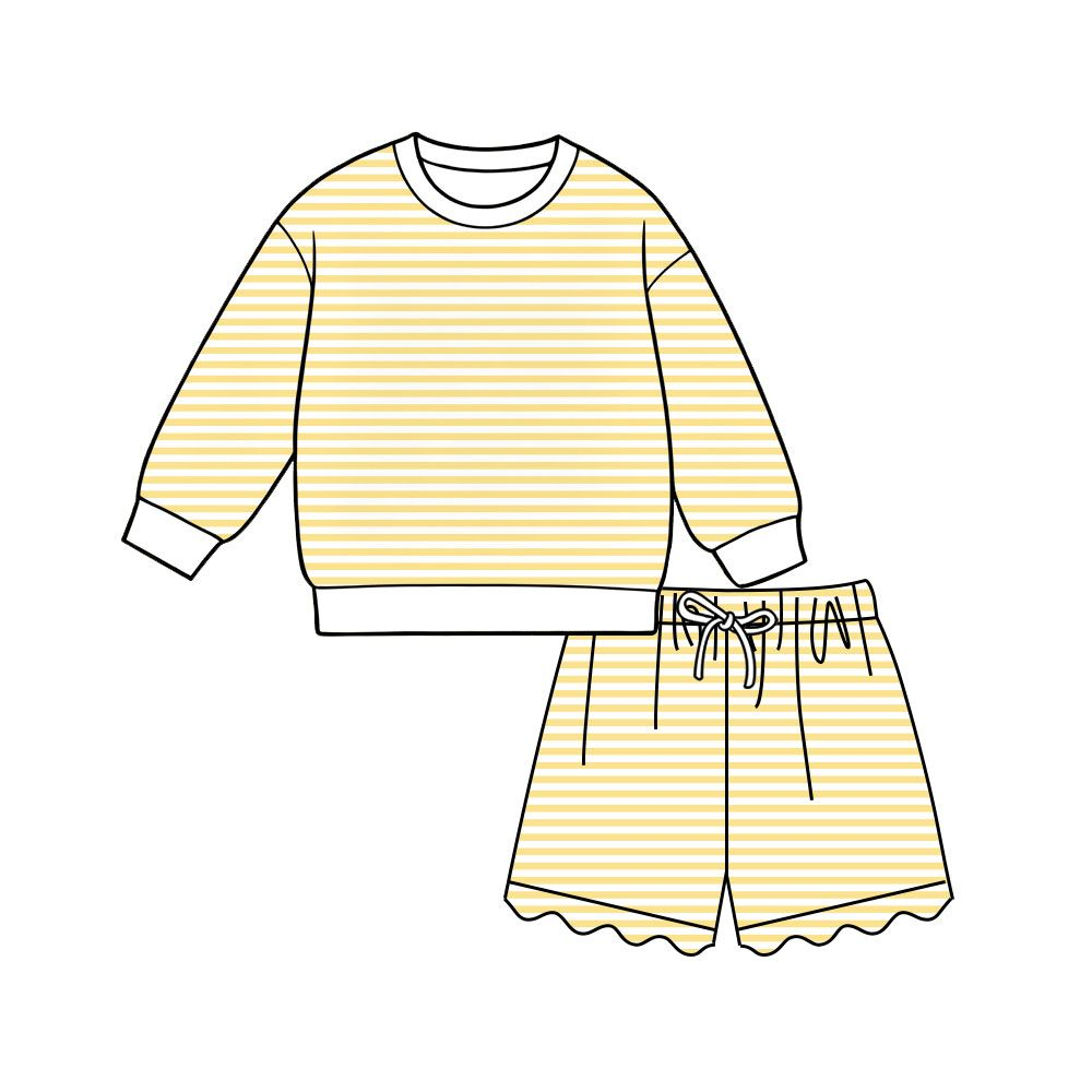 ( Moq 5 ) Preorder Adult Women Long Sleeves Shirt Yellow Stripes Scallop Shorts Yoga Active Set