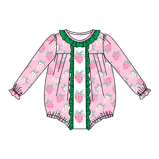 Baby Girl Long Sleeves Strawberry Green Ruffle Bubble Romper