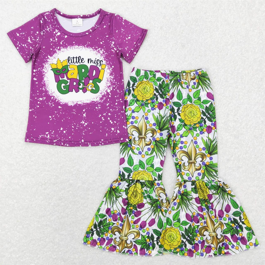 GSPO1171 Mardi Gras Baby Girl Purple Shirts Bell Pants Set