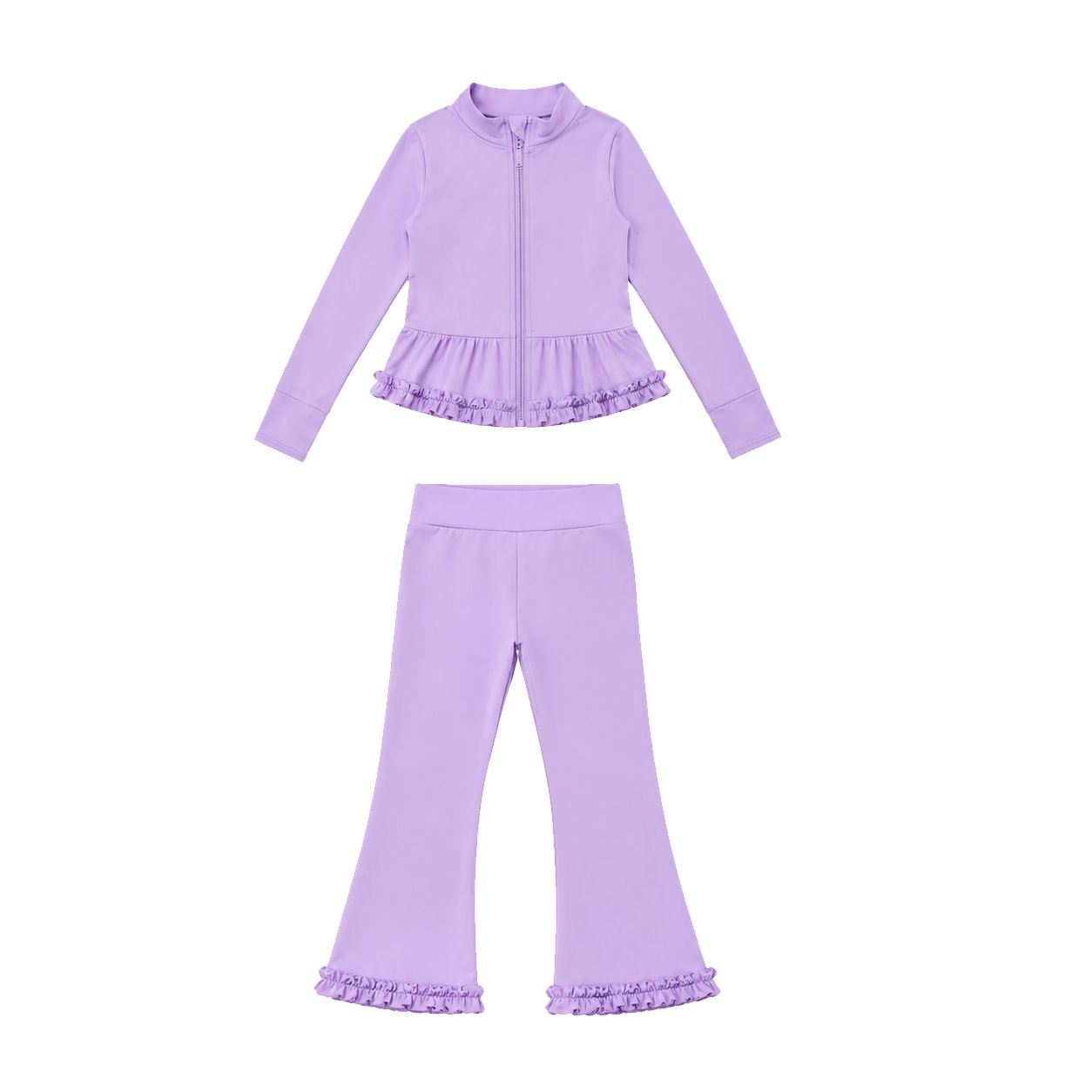( Moq 5 ) Preorder Baby Girls Kids Zipper Ruffle Cardigan Lavender Tops Pants Set Yoga Active Clothes